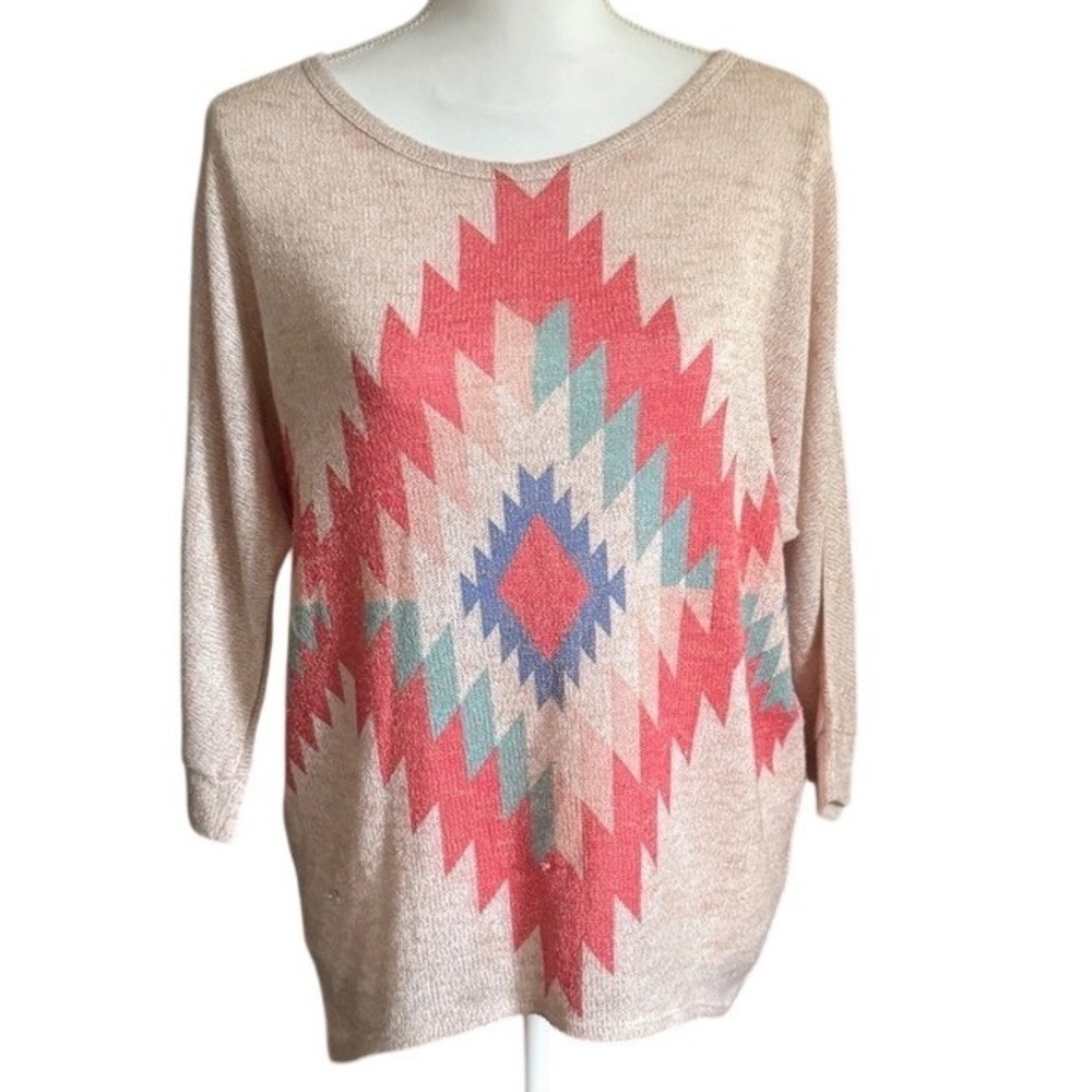 charlie Charming Aztec Print Top 3/4 Sleeve Pullover Blouse Size S